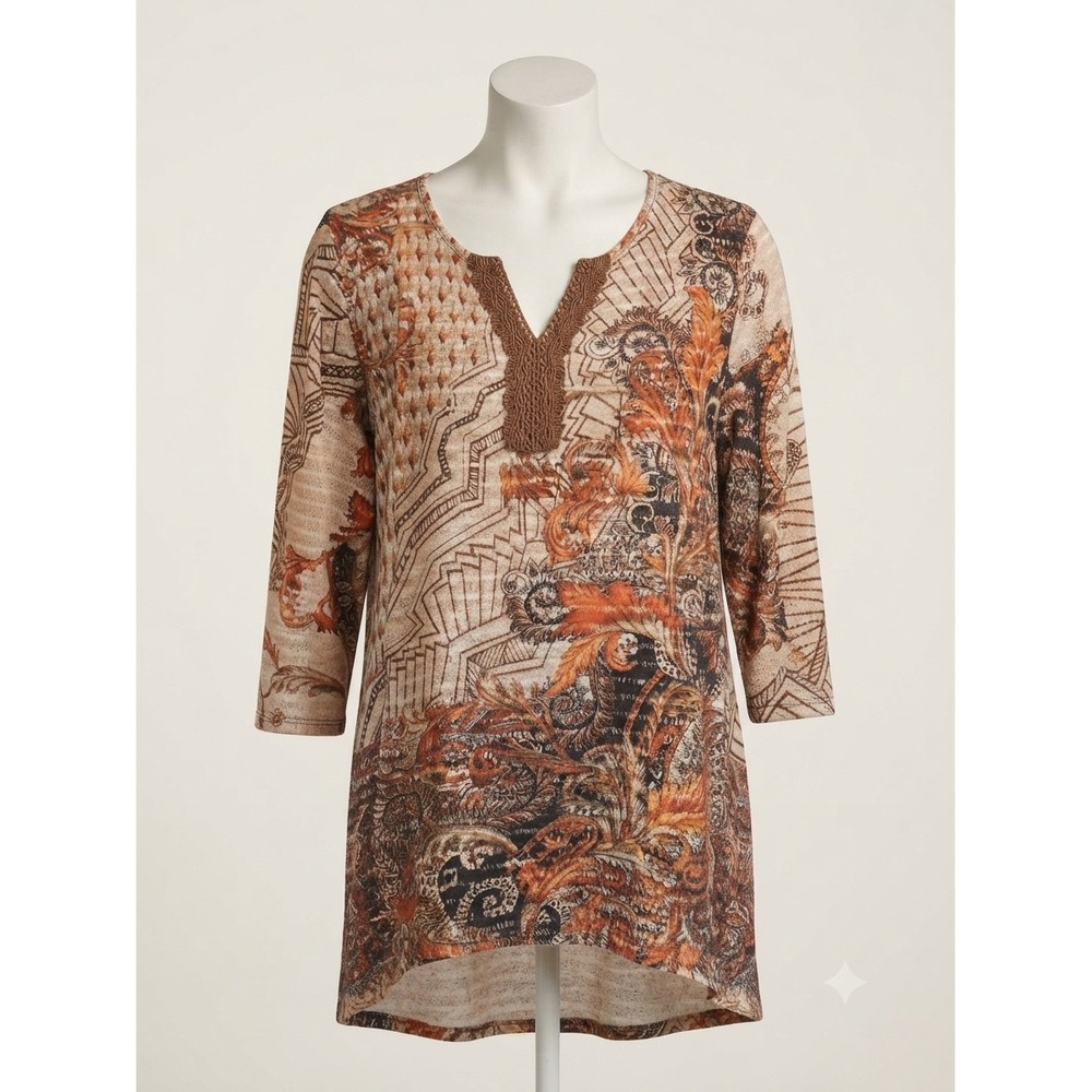 BLEU Woman Paisley Geometric Knit Tunic Top Brown 3/4 Sleeve Crochet‎ V-Neck 1X